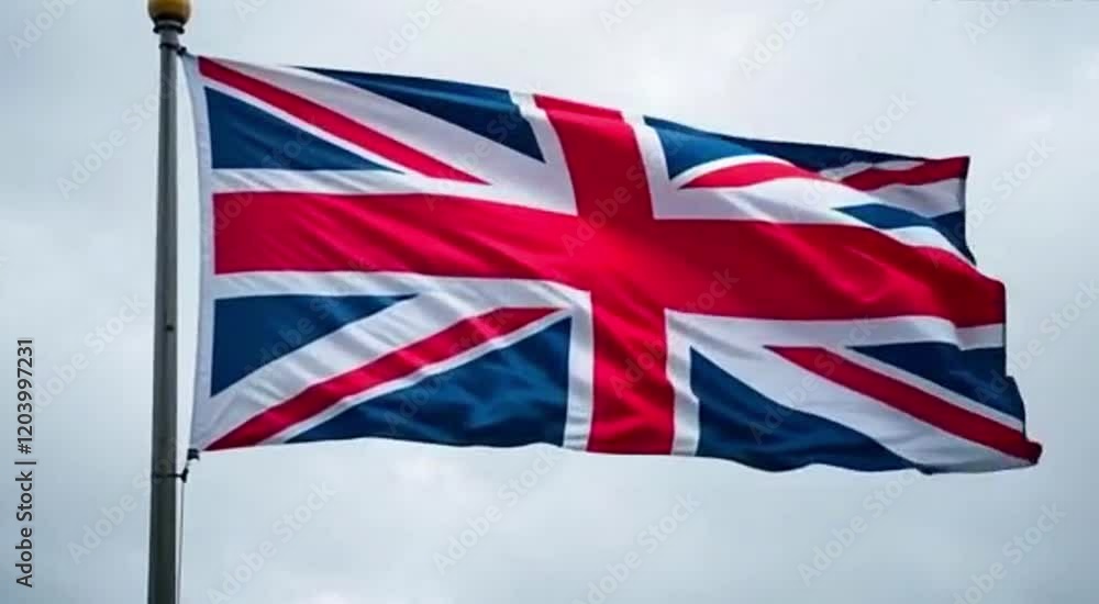 United Kingdom National Country flag Close-up of the Union Jack flag flowing gracefully in slow motion under overcast skies representing British resilience and heritage United Kingdom National Country flag Close-up of the Union Jack flag flowing gracefully in slow motion under overcast skies representing British resilience and heritage