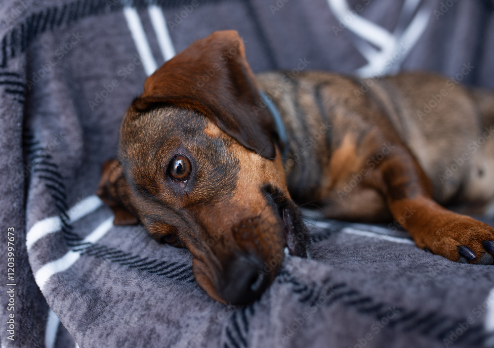 dachshund lies in the bed. white cotton blanket, space for text dachshund lies in the bed. white cotton blanket, space for text