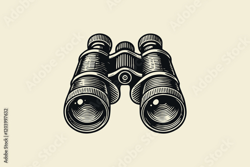 Vintage binoculars with detailed lenses in bold black-and-white engraving