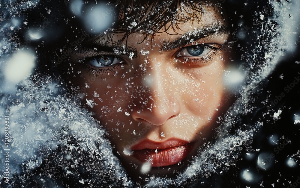 Intense close-up of a person’s face covered in snowflakes, with piercing eyes and winter clothing, evoking cold and resilience.
Intense close-up of a person’s face covered in snowflakes, with piercing eyes and winter clothing, evoking cold and resilience.