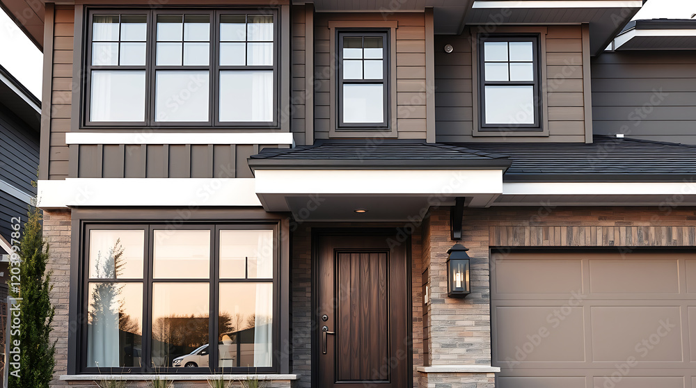 Naklejka premium Modern House Exterior: Luxury Home Design and Architecture. Contemporary Home Facade with Brick and Stone. Real Estate Photography