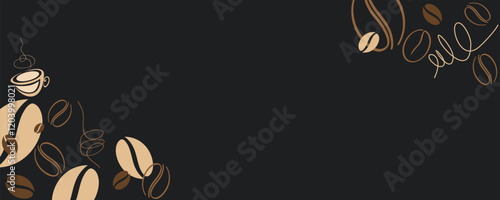 Coffee cup, aroma beans in minimal line design. Vector sketch border for cafe shop, food print. Abstract silhouette concept.