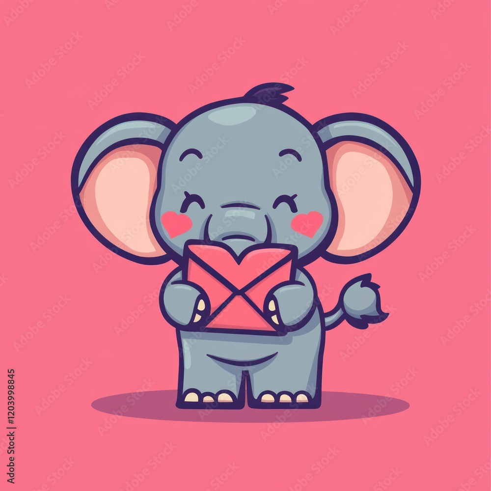 Fototapeta premium Cute elephant holding a love letter, cartoon illustration, Valentine's Day, graphic design