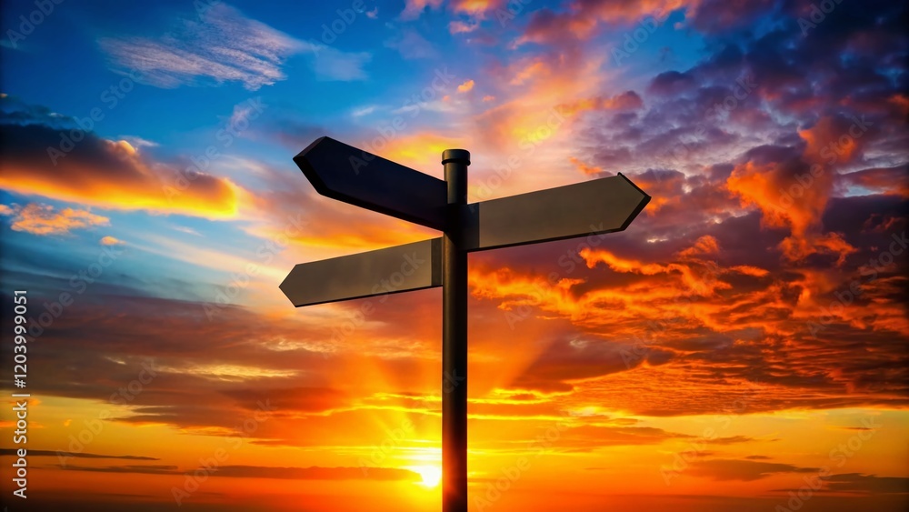 Silhouette of Directional Signpost at Sunset, Isolated on Vibrant Sky Silhouette of Directional Signpost at Sunset, Isolated on Vibrant Sky