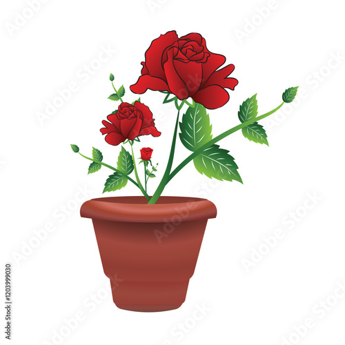 Red rose with it's stalk and leaves on a white background