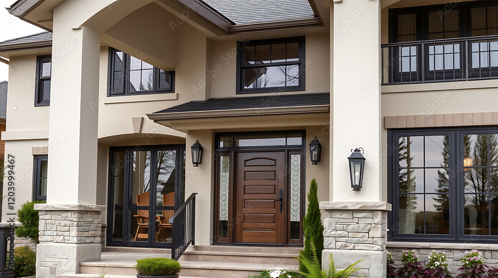 Obraz premium Modern Luxury Home Exterior: Elegant Design and Architecture. A stunning contemporary house with a beautiful facade, showcasing modern architecture and elegant design details.