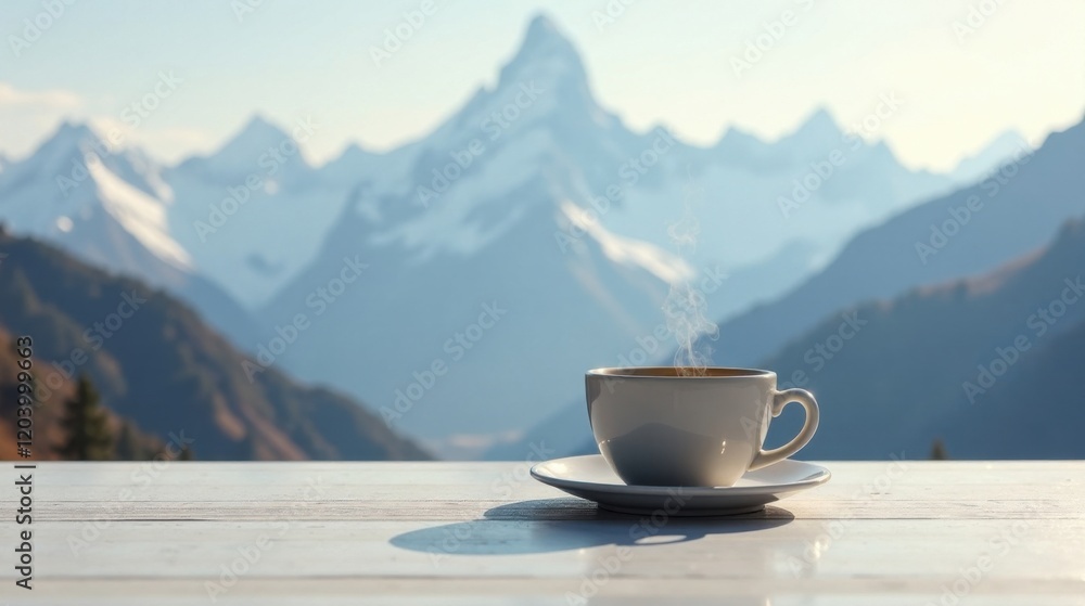 Morning Coffee with a Mountain View from a Wooden Table Morning Coffee with a Mountain View from a Wooden Table