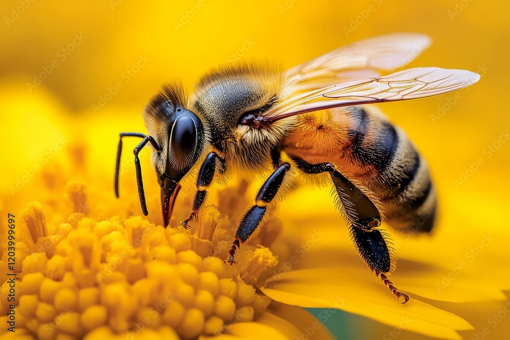 Cute honeybee on rapeseed flower in a spring field, macro photo with a blurred background, symbolizing the importance of bees for human health and environmental quality. Cute honeybee on rapeseed flower in a spring field, macro photo with a blurred background, symbolizing the importance of bees for human health and environmental quality.