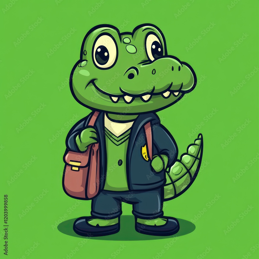 Fototapeta premium Cartoon crocodile student with school bag