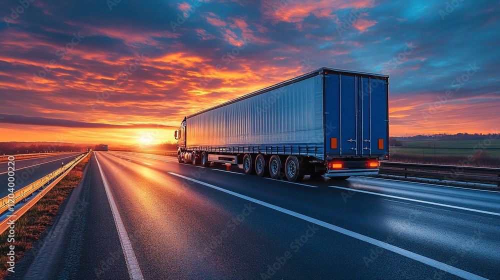 Truck driving at sunset on open road scenic landscape transport tranquil environment side view Truck driving at sunset on open road scenic landscape transport tranquil environment side view