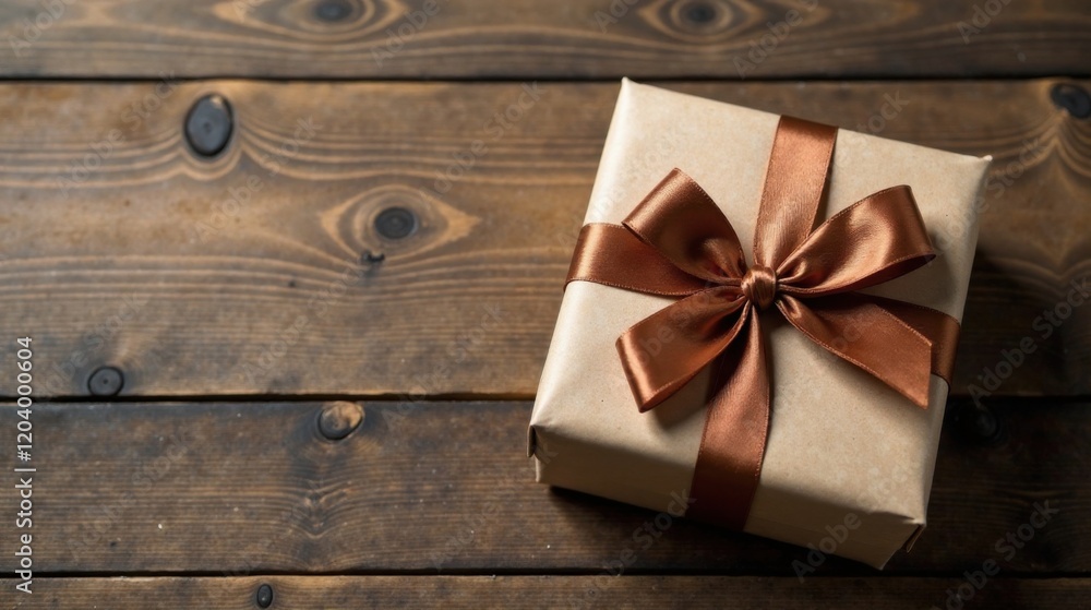 A thoughtfully wrapped gift with a brown ribbon bow rests on a rustic wooden surface A thoughtfully wrapped gift with a brown ribbon bow rests on a rustic wooden surface