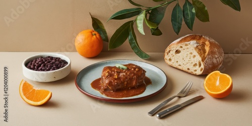 Savory Meat Dish with Beans Oranges and Bread photo