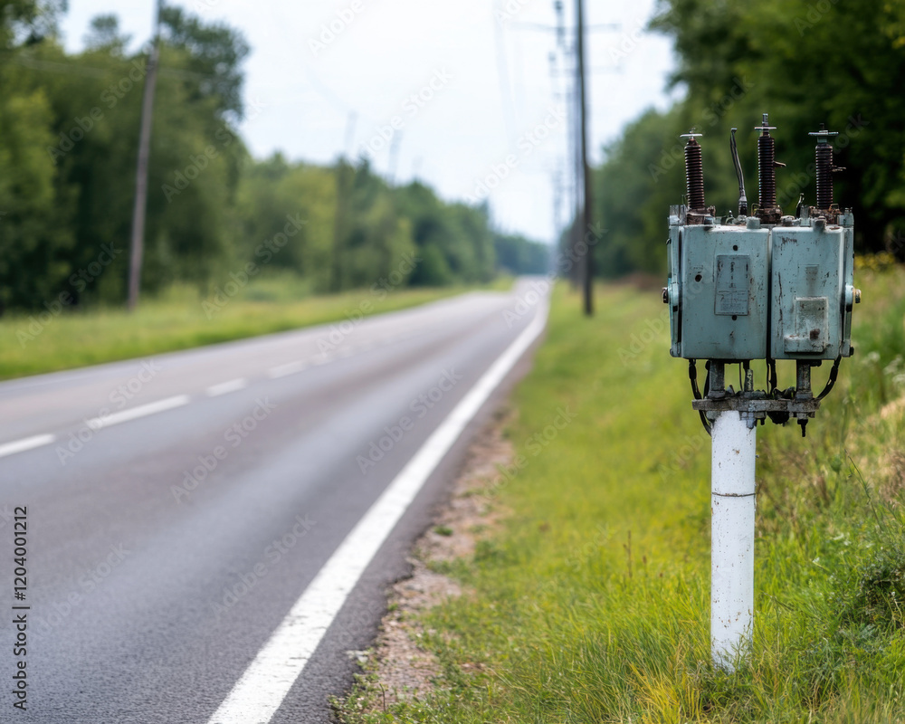 compact power transformer stands beside rural road, surrounded by greenery. scene captures blend of technology and nature, highlighting importance of electrical infrastructure compact power transformer stands beside rural road, surrounded by greenery. scene captures blend of technology and nature, highlighting importance of electrical infrastructure