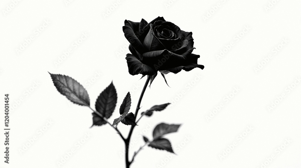 Fototapeta premium Single black rose with delicate petals and leaves captured in striking monochromatic detail against pure white background, embodying timeless beauty and dramatic contrast