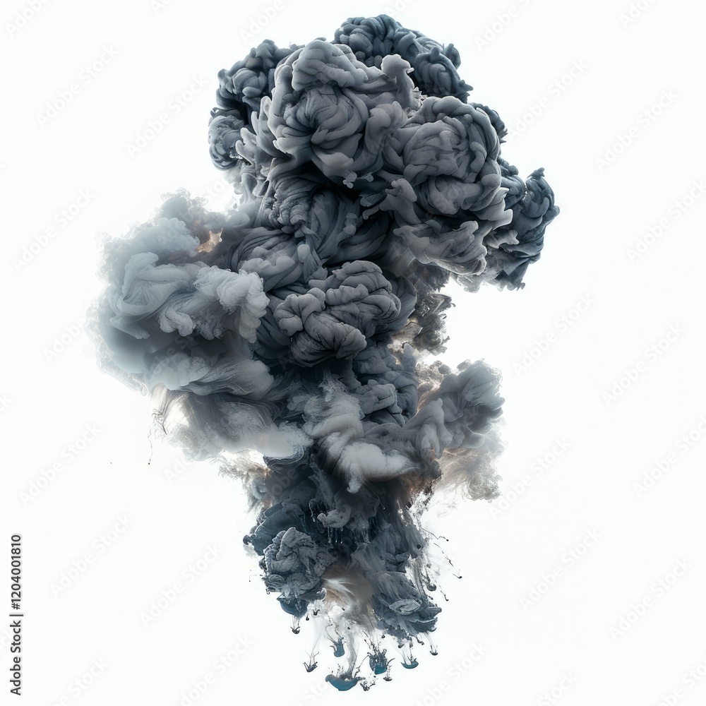 Grey and white ink dissolving in water, creating abstract shapes against a white background Grey and white ink dissolving in water, creating abstract shapes against a white background