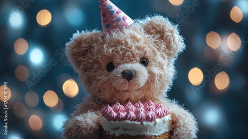 Festive teddy bear with a cake and party hat