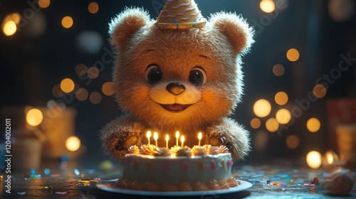 Fluffy bear at birthday celebration, cake and hat