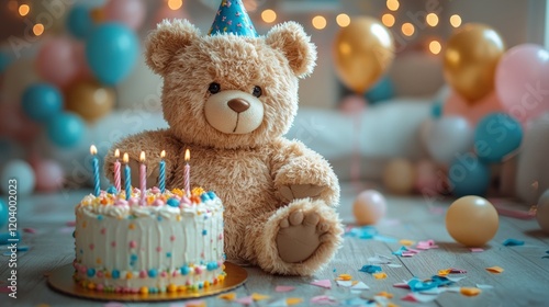 Fluffy bear at birthday celebration, cake and hat