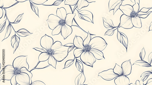 Elegant floral pattern, delicate dogwood blossoms, cream background, ideal for textile prints or wallpaper