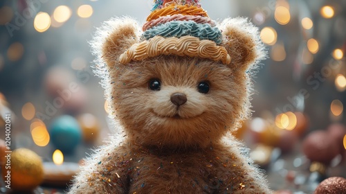 Fluffy bear at birthday celebration, cake and hat