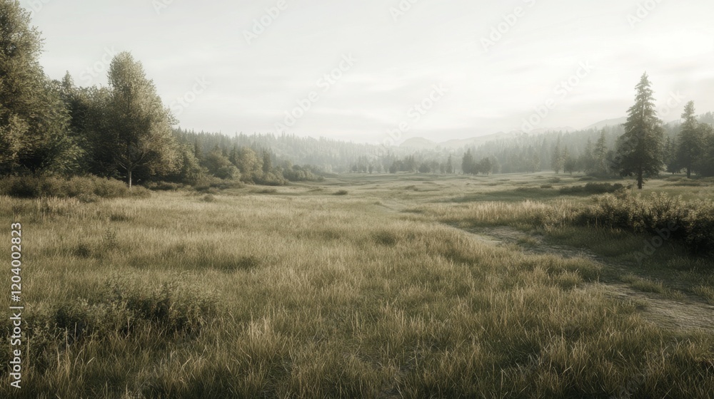 Serene sunrise over a grassy field and distant forest. Serene sunrise over a grassy field and distant forest.