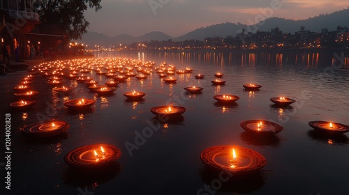 Floating candles illuminate lake at dusk photo