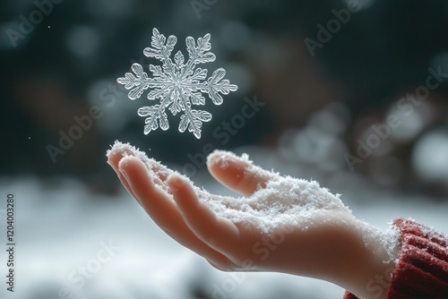 Winter's Embrace: A delicate snowflake rests gently on a hand dusted with snow, creating a magical moment of winter wonder. photo