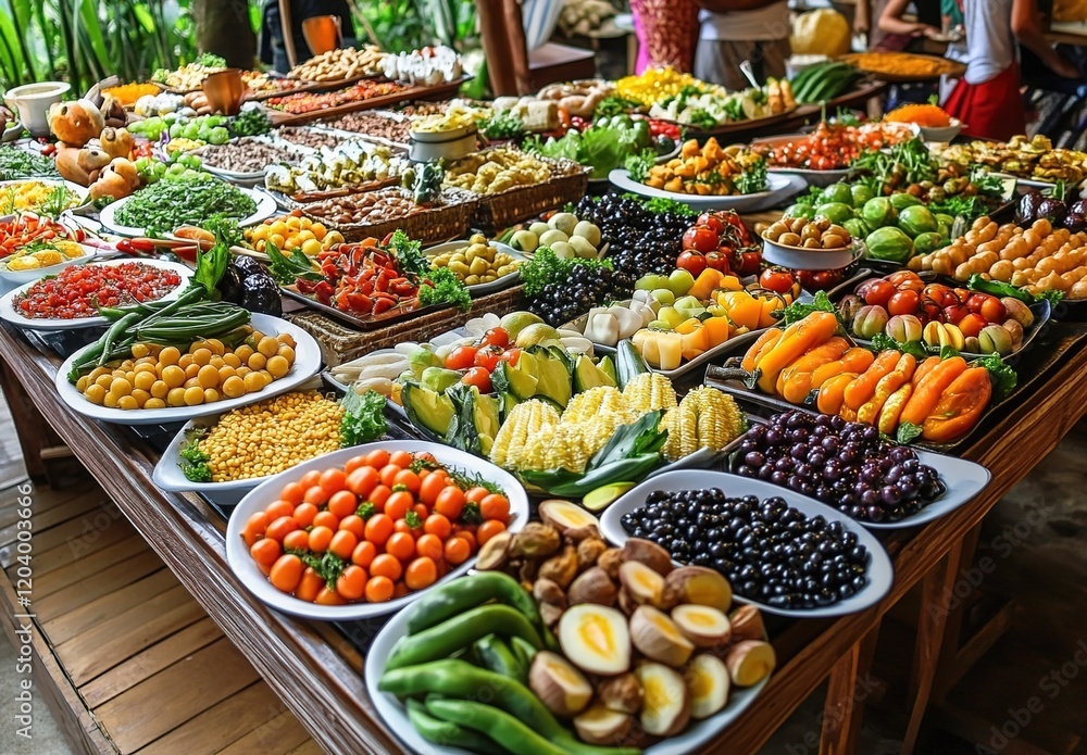Obraz premium A long table is filled with various types of vegetables, fruits and other healthy foods arranged in platters or bowls on the side.