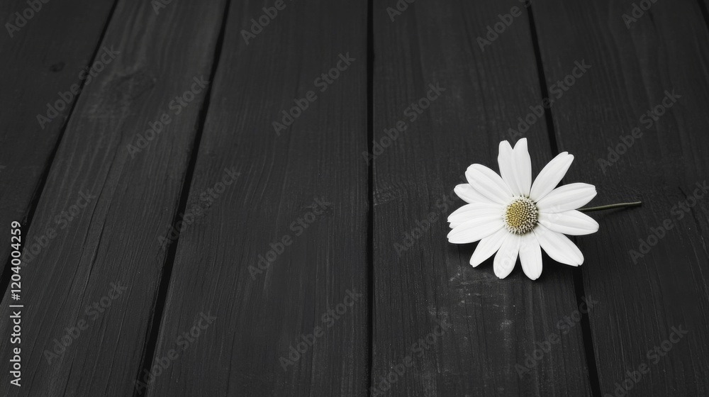 Obraz premium Single white daisy on dark wood planks.