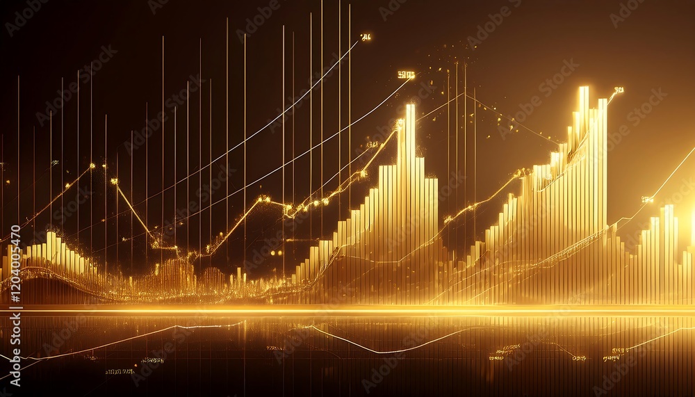 Gold trade chart with stock analysis on growth, financial business money market, 3D background illustrating investment trends and financial success in a dynamic trading environment. Gold trade chart with stock analysis on growth, financial business money market, 3D background illustrating investment trends and financial success in a dynamic trading environment.