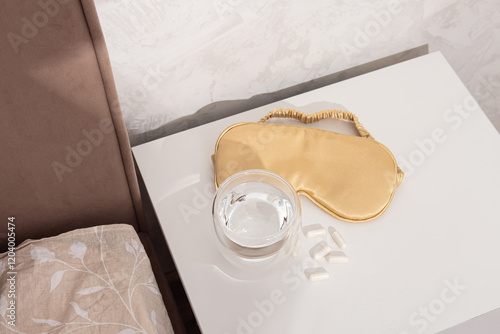 Quadro su tela Golden silk sleep mask, pills and glass of water on bedside table