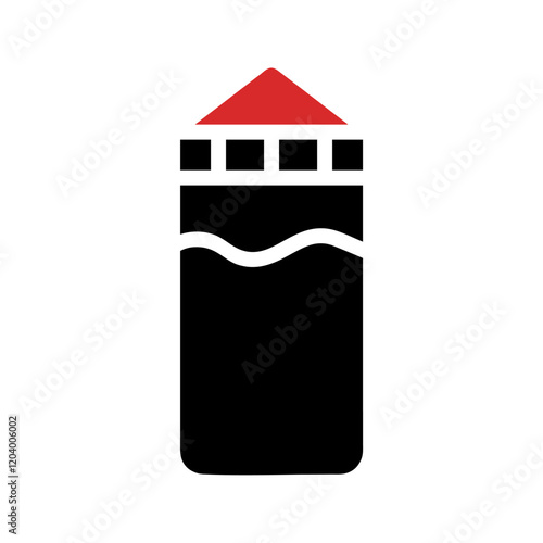 Stylized tower illustration with red pyramid top evokes fortress structure