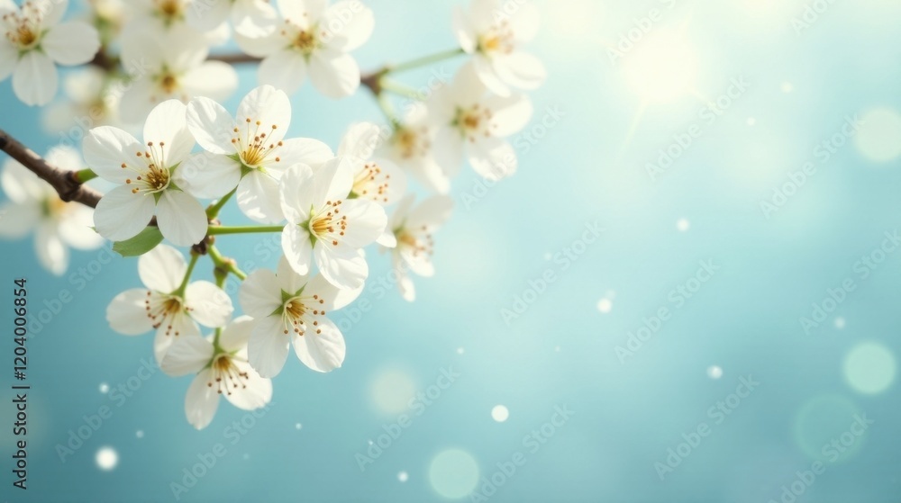 Delicate White Blossoms on a Branch Against a Soft Blue Sky Delicate White Blossoms on a Branch Against a Soft Blue Sky