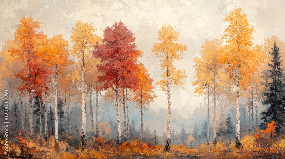 Fototapeta premium A mesmerizing forest painting with vibrant autumn colors of orange, yellow, and deep red with elegant white trunks and misty fog