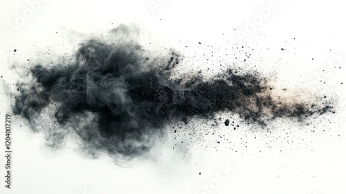 Abstract Black Powder Explosion Smoke Cloud Dark Dust Burst Isolated on White Background
