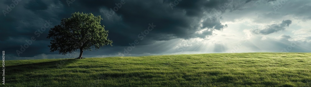Obraz premium Solitary Tree Stands in Green Field Under Dramatic Sky