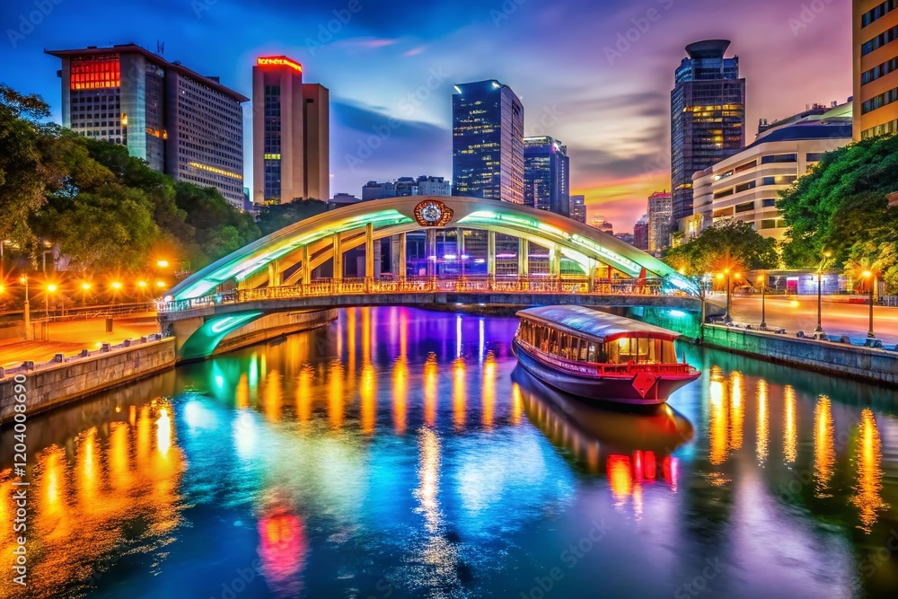 Fototapeta premium Singapore Elgin Bridge Night View Tourist Boats Illuminated Cityscape