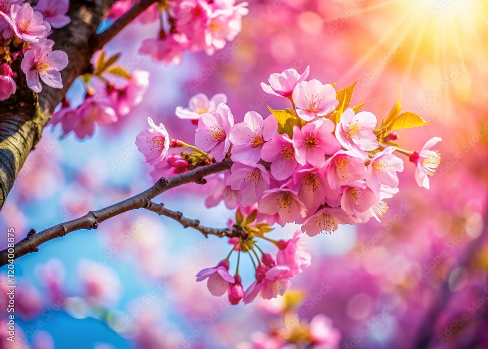 Obraz premium Single Cherry Blossom Tree in Full Bloom, Spring Pink Flowers, Japanese Cherry, Nature Background, Copy Space Left