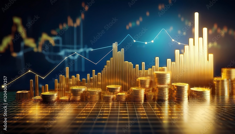 Gold trade chart with stock analysis on growth, financial business money market, 3D background illustrating investment trends and financial success in a dynamic trading environment. Gold trade chart with stock analysis on growth, financial business money market, 3D background illustrating investment trends and financial success in a dynamic trading environment.