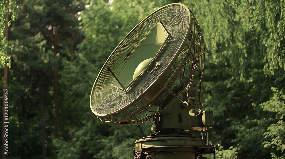 Military radar antenna in forest; surveillance technology; green foliage background; defense system Military radar antenna in forest; surveillance technology; green foliage background; defense system