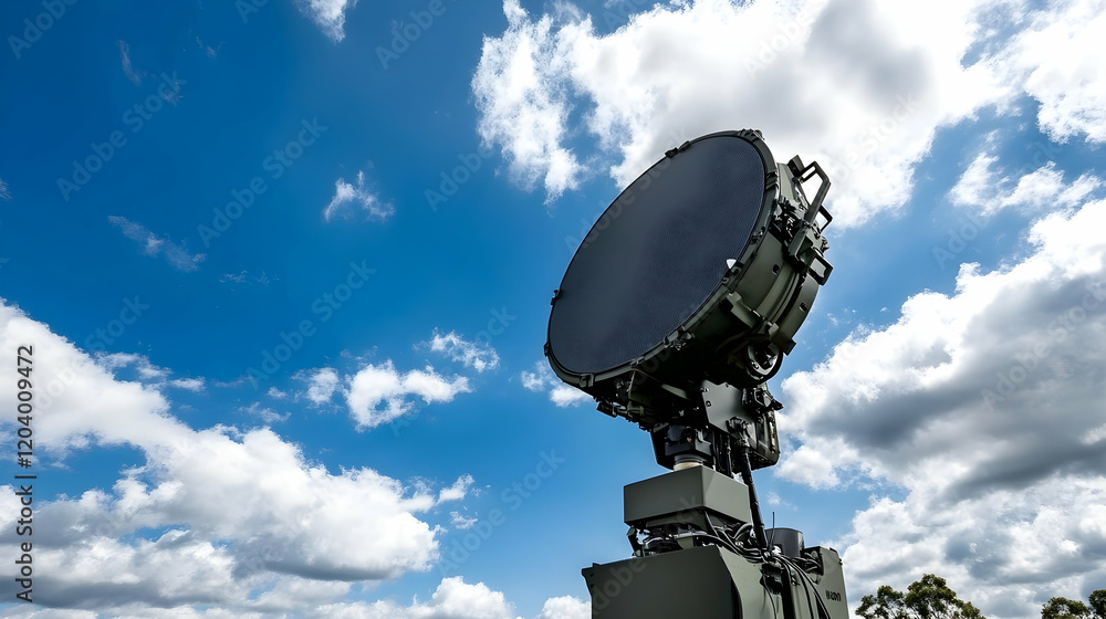 Military radar system outdoors, under a partly cloudy sky. For defense technology websites and publications Military radar system outdoors, under a partly cloudy sky. For defense technology websites and publications