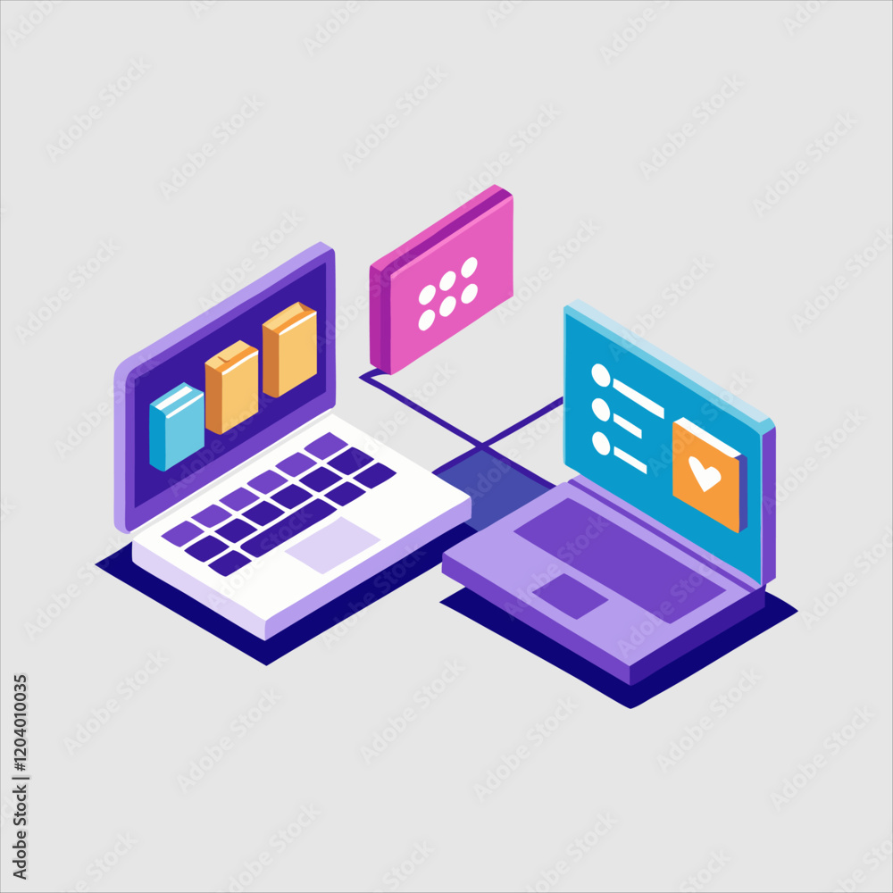 Isometric illustration of dual laptop with coding data analytics and AI symbol in a modern style, Isometric illustration of dual laptop with coding data analytics and AI symbol in a modern style,