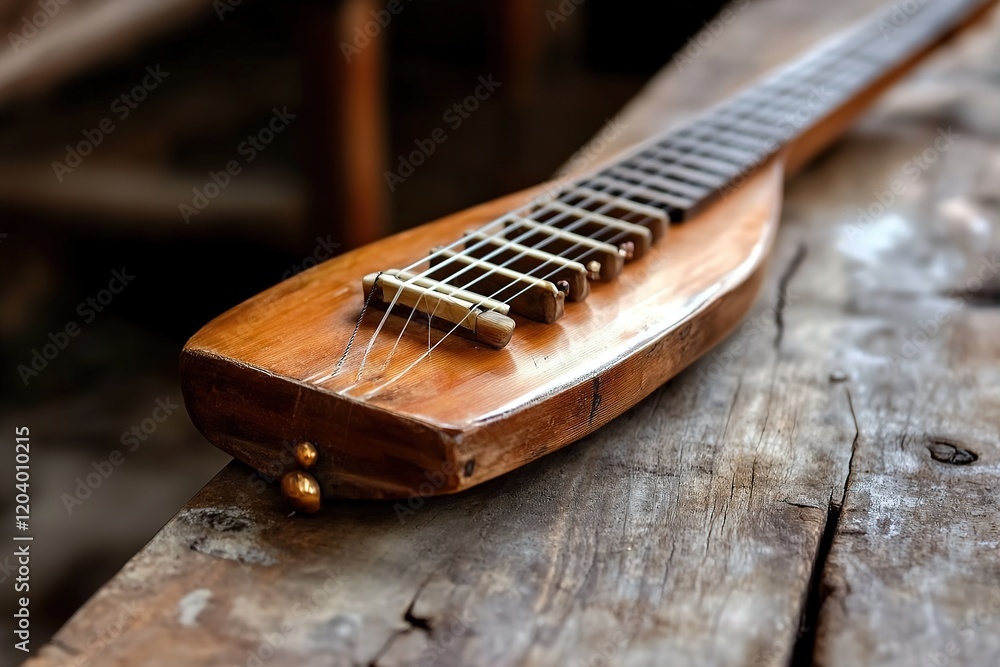Beautiful handcrafted wooden string instrument resting on a rustic wooden surface Beautiful handcrafted wooden string instrument resting on a rustic wooden surface