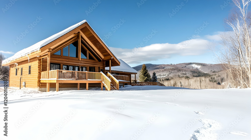 Mountain log cabin winter snow landscape; real estate, travel, vacation Mountain log cabin winter snow landscape; real estate, travel, vacation