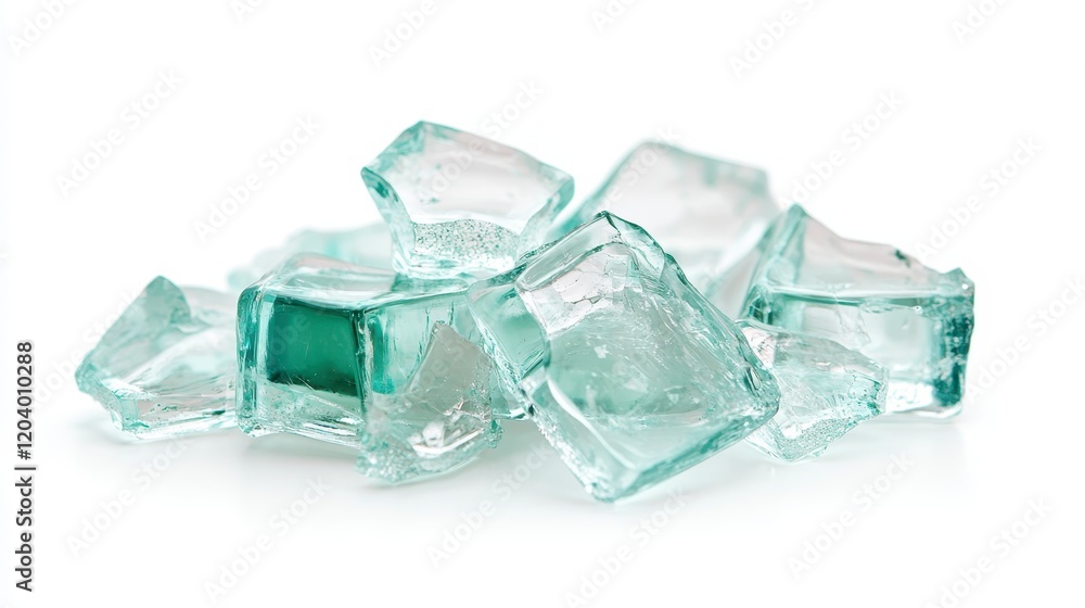 Pile of Sparkling Aqua Green Glass Cubes Shattered Fragments Close up Isolated on White Pile of Sparkling Aqua Green Glass Cubes Shattered Fragments Close up Isolated on White