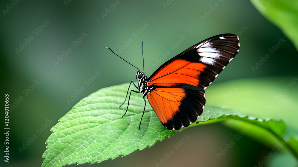 Orange butterfly resting on green leaf, blurred green background, nature photography, ideal for websites or print Orange butterfly resting on green leaf, blurred green background, nature photography, ideal for websites or print