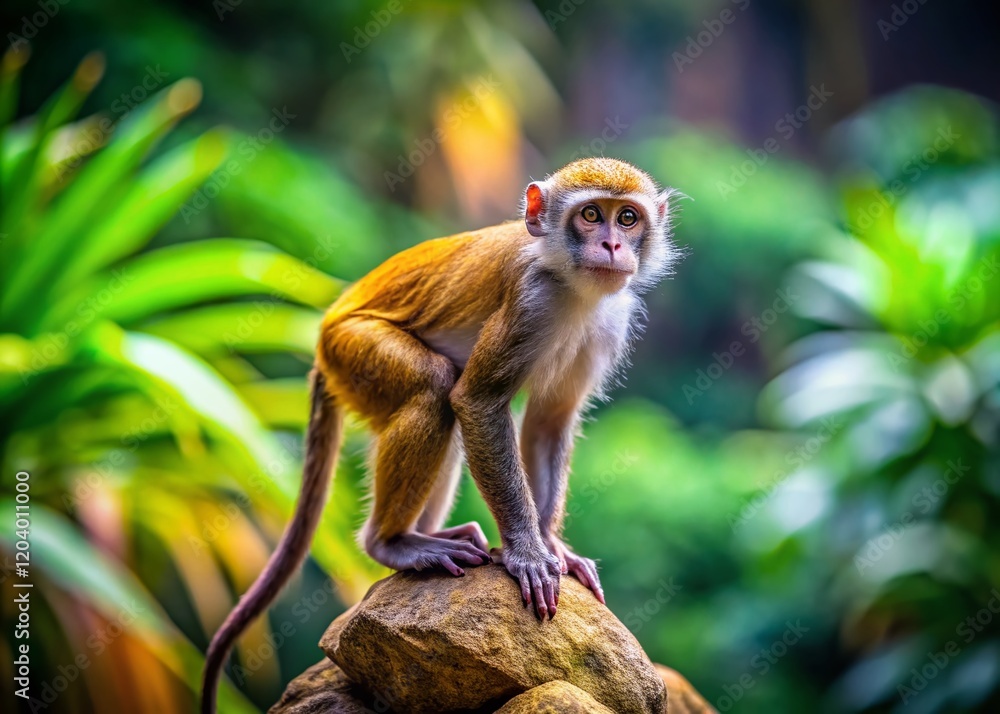Fototapeta premium Small Monkey Perched on Rock in Zoo Enclosure - Adorable Primate Wildlife Stock Photo