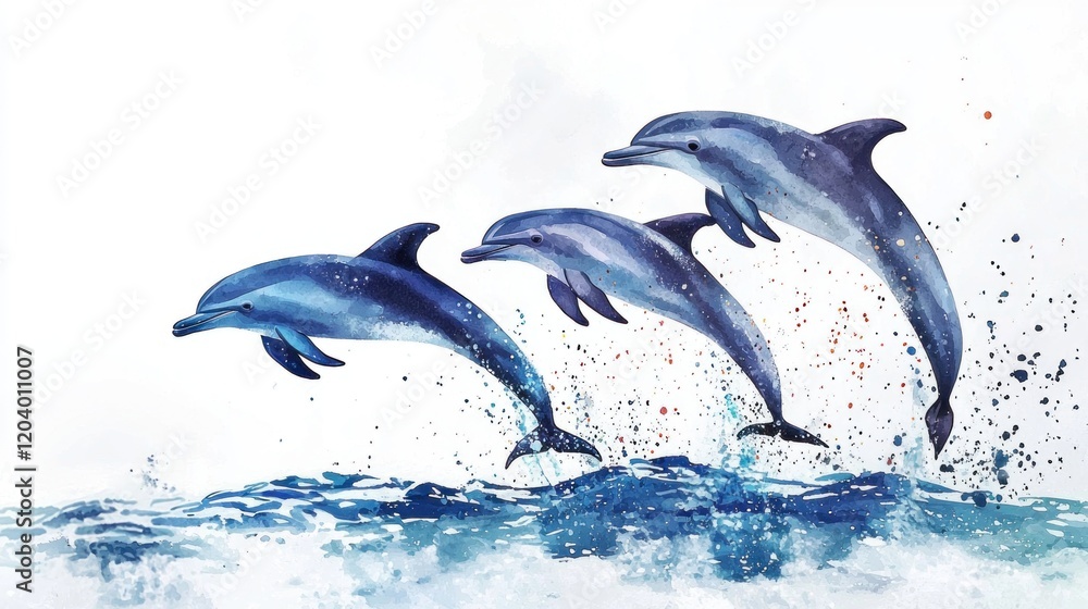 Obraz premium Playful Dolphins Jumping Over Waves in Colorful Ocean Scene