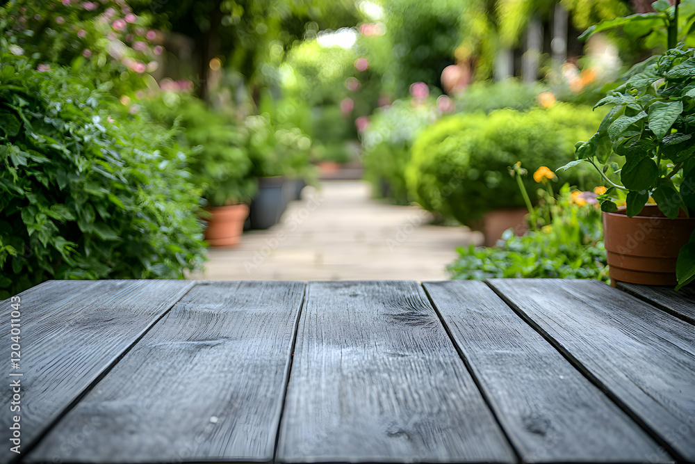 Fototapeta premium Rustic wooden table in a lush, vibrant garden setting, perfect for showcasing products or creating a serene ambiance.