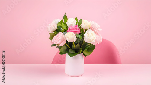 Wallpaper Mural Pink and white roses in vase on table, pink background, chair. Perfect for Valentine's Day, Mother's Day, or romantic cards Torontodigital.ca